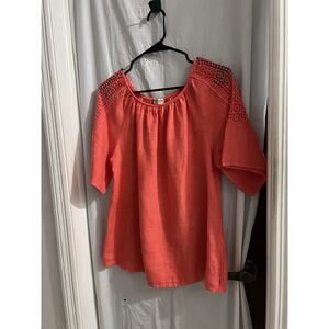 Terzo Millennio Salmon Orange Linen Crochet Shoulder Made In Italy Blouse Sz M